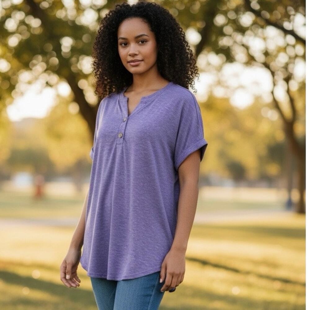 Automet Women's Size XL Purple Heathered Short Sleeve Henley Top
